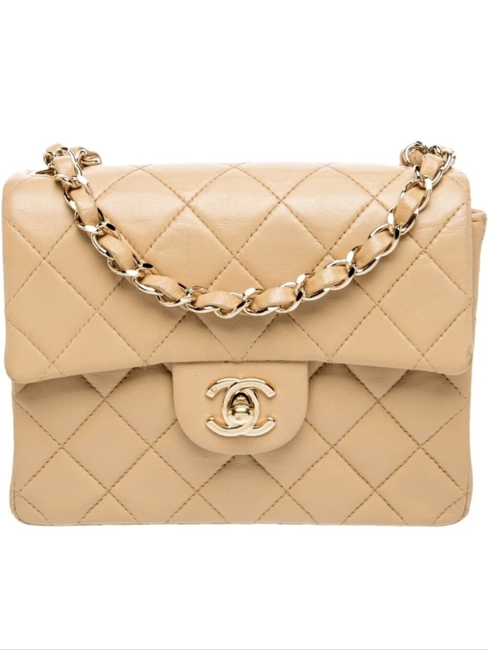 Authentic Chanel Classic Quilted Flap Bag in Beige with Gold Hardware